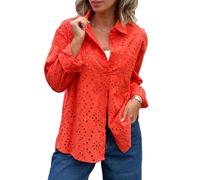 Womens Crochet Eyelet Button Down Rolled Up Long Sleeves Oversized Lace Embroidery Summer Casual Collared Blouse Tops, Red, XL
