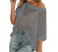 Womens Crochet Fishnet Long Sleeve Top Y2K Off The Shoulder Jumper Going Out Oversized Knitted Cover Up Sweater Lightweight Baggy Hollow Out Summer Pullover Tops Knitwear Grey