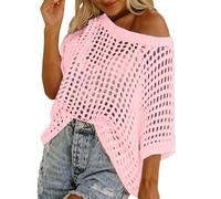 Womens Crochet Fishnet Long Sleeve Top Y2K Off The Shoulder Jumper Going Out Oversized Knitted Cover Up Sweater Lightweight Baggy Hollow Out Summer Pullover Tops Knitwear Red
