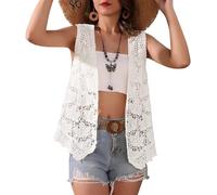 Women's Crochet Floral Boho Lace Trim Sleeveless Kimono Open Front Vest Cardigan