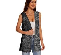 Women's Crochet Floral Boho Lace Trim Sleeveless Kimono Open Front Vest Cardigan, Black-cc, One Size