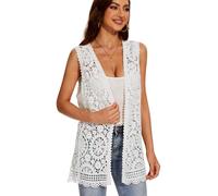 Women's Crochet Floral Boho Lace Trim Sleeveless Kimono Open Front Vest Cardigan, White-bb, One Size
