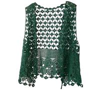 Women's Crochet Hollow Out Sleeveless Open Front Boho Vest Cardigan Solid Color Floral Crochet Lace Boho Trim Sleeveless Vest Cardigan Vest Jacket Crochet Sweater Vest Gifts for (Green, One Size)
