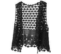Women's Crochet Hollow Out Sleeveless Open Front Boho Vest Cardigan Solid Color Floral Crochet Lace Boho Trim Sleeveless Vest Cardigan Vest Jacket Crochet Sweater Vest Gifts for (Black, One Size)