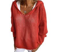 Women's Crochet Hoodie Crochet Sweater, Long Sleeve Top Beach Cover Up Beach Lightweight Blouse Knitwear (Red,L)