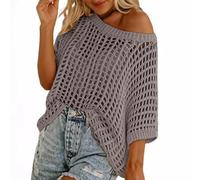 Women's Crochet Jumper Tops Oversize Summer Scoop Neck Short Sleeve Sweater Casual Hollow Out Knit Pullover Tops Beach Cover Up Ladies Sheer Shirts Beachwear 02 Khaki XL