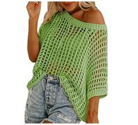 Women's Crochet Jumper Tops Oversize Summer Scoop Neck Short Sleeve Sweater Casual Hollow Out Knit Pullover Tops Beach Cover Up Ladies Sheer Shirts(Mint Green, XL)