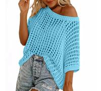 Women's Crochet Jumper Tops Oversize Summer Scoop Neck Short Sleeve Sweater Casual Hollow Out Knit Pullover Tops Beach Cover Up Ladies Sheer Shirts Beachwear 02 Light Blue S