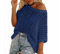 Women's Crochet Jumper Tops Oversize Summer Scoop Neck Short Sleeve Sweater Casual Hollow Out Knit Pullover Tops Beach Cover Up Ladies Sheer Shirts Beachwear 02 Navy XL