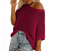 Womens Crochet Jumpers Half Sleeve Hollow Out Knit Tops Pullover Shirts Off The Shoulder Oversized Sweater Y2K Scoop Neck Tees Shirts Knitwear Beach Coverup Swimwear 02 Hot Pink L