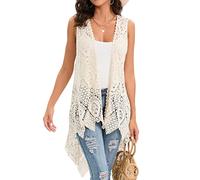 Women's Crochet Lace Vest Boho Sleeveless Kimono Irregular Hem Cardigan, Beige-w03, One size