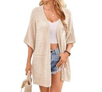 Women's Crochet Lightweight Cardigans Summer Beach Kimonos Cardigans Boho Short Batwing Sleeve Solid Loose Fit Open Front Outwear Apricot L