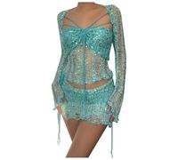 Women's Crochet Mesh Sequin Carnival Set - Teal Long Sleeve Crop Top & Mini Skirt, Ideal for Carnival Outfit, Masquerade Party, Festival Clothing
