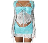 Women's Crochet Mesh Sequin Carnival Set - Teal Long Sleeve Crop Top & Mini Skirt, Ideal for Carnival Outfit, Masquerade Party, Festival Clothing