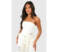 Womens Crochet Mix Denim Bandeau Top - Cream - 14, Cream