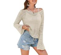 Womens Crochet Off The Shoulder Tops Bell Sleeve Summer Sweaters Boho Top Lightweight Knit Beach Cover Up, Apricot, Large