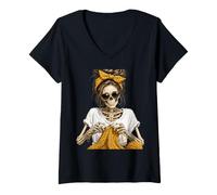 Women's Crochet Skeleton Leopard Messy Bun Knitting Crochet Lover V-Neck T-Shirt