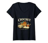 Women's Crochet Slow Days Cozy Books Coffee and Yarn V-Neck T-Shirt