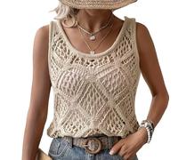 Women's Crochet Tank Tops - Boho Knit Sweater Vest Hollow Out Sleeveless Pullover Lightweight Cami Top for Summer Casual Beach Bikini Coverup Vacation Layering (Apricot,L)
