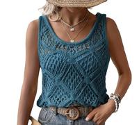 Women's Crochet Tank Tops - Boho Knit Sweater Vest Hollow Out Sleeveless Pullover Lightweight Cami Top for Summer Casual Beach Bikini Coverup Vacation Layering (Blue,L)