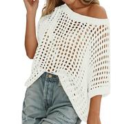 Women's Crochet Top Beach Cover Up Oversize Summer Short Sleeve Sweater Kimono Fishnet Casual Hollow Out Knit Pullover Ladies Sheer Shirts Swimsuit Beachwear for Holidays Beach and (1-White, XXXL)