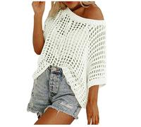 Women'S Crochet Top Jumper Beach Cover Up Oversize Summer Short Sleeve Sweater Kimono Y2K Fishnet Casual Hollow Out Knit Pullover Ladies Sheer Shirts Swimsuit Beachwear For Holidays Beach And Party