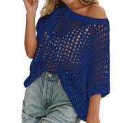 Women's Crochet Top Jumper Beach Cover Up Oversize Summer Short Sleeve Sweater Y2K Fishnet Casual Hollow Out Knit Pullover Ladies Lightweight Off Shoulder Shirts for Holiday Party Navy