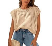 Women's Crochet Tops Crew Neck Casual Solid Color Hollow Out Knit Top Women's Sleeveless Jumpers Summer Beach Cover Up Apricot