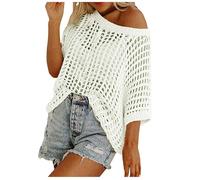 Womens Crochet Tops Off Shoulder Short Sleeve Jumper Y2K Fishnet Sexy Hollow Out Knit Pullover Oversize Summer Casual Knit Beach Cover Up Sweater Lightweight Breathable Crochet Tops White