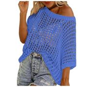 Womens Crochet Tops Off Shoulder Short Sleeve Jumper Y2K Fishnet Sexy Hollow Out Knit Pullover Oversize Summer Casual Knit Beach Cover Up Sweater Lightweight Breathable Crochet Tops B-Blue
