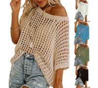 Womens Crochet Tops Off Shoulder Short Sleeve Jumper Y2K Fishnet Sexy Hollow Out Knit Pullover Oversize Summer Casual Knit Beach Cover Up Sweater Lightweight Breathable Crochet Tops Beige
