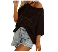 Womens Crochet Tops Off Shoulder Short Sleeve Jumper Y2K Fishnet Sexy Hollow Out Knit Pullover Oversize Summer Casual Knit Beach Cover Up Sweater Lightweight Breathable Crochet Tops Black