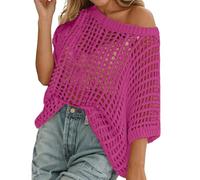 Womens Crochet Tops Off Shoulder Short Sleeve Jumper Y2K Fishnet Sexy Hollow Out Knit Pullover Oversize Summer Casual Knit Beach Cover Up Sweater Lightweight Breathable Crochet Tops Hot Pink