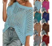Womens Crochet Tops Off Shoulder Short Sleeve Jumper Y2K Fishnet Sexy Hollow Out Knit Pullover Oversize Summer Casual Knit Beach Cover Up Sweater Lightweight Breathable Crochet Tops Blue
