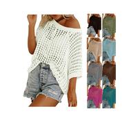 Women's Crochet Tops Sexy Hollow Out Off Shoulder Short Sleeve Jumper Oversize Summer Y2K Fishnet Casual Knit Beach Cover Up Sweater Lightweight Breathable Baggy Pullover Tops White