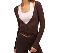 Women's Crochet V Neck Long Sleeve Ballet Dance Wrap Top Self Tie Sport Active Shirt Cover Upcoffee