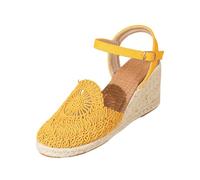 Womens' Crochet Wedge Sandals Summer Espadrille Platform Sliders Adjustable Buckle Ankle Strap Closed Toe Slingback Slippers Ladies Beach Casual Slip-on Shoes for Home Work (Yellow, 3.5)