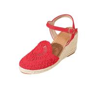 Womens' Crochet Wedge Sandals Summer Espadrille Platform Sliders Adjustable Buckle Ankle Strap Closed Toe Slingback Slippers Ladies Beach Casual Slip-on Shoes for Home Work (Red, 3.5)