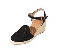 Womens' Crochet Wedge Sandals Summer Espadrille Platform Sliders Adjustable Buckle Ankle Strap Closed Toe Slingback Slippers Ladies Beach Casual Slip-on Shoes for Home Work (Black, 5)
