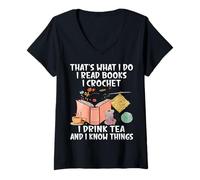Womens Crocheting Reading Books Drinking Tea Crocheter Crochet V-Neck T-Shirt