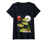 Womens Crocodile Alligators Santa Sleigh Flying Funny Christmas V-Neck T-Shirt