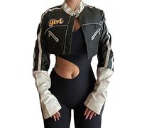 Women's Crop Baseball Jacket Casual Retro Varsity Coat Letters Embroidery Pattern Button-Down Baggy Bomber Jacket, Super Short, L