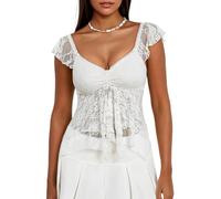 Women's Crop Cami Tops Cute Flying Sleeve V Neck Lace Double Layered Lotus Edge Babydoll Top Y2k Going Out Top Streetwear