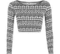 Womens Crop Long Sleeve T Shirt Ladies Short Plain Round Neck Top Aztec Print 12-14