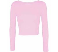 Womens Crop Long Sleeve T Shirt Ladies Short Plain Round Neck Top Ladies Fitness Workout Running T Shirts Plain Cropped Tops (Baby Pink UK 8-10)