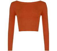Womens Crop Long Sleeve T Shirt Ladies Short Plain Round Neck Top Ladies Fitness Workout Running T Shirts Plain Cropped Tops (Rust UK 8-10)