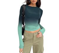 Womens Crop Top Long Sleeve Skin Tight Crew Neck T-Shirt with Stretch Slim Fit Basic going out Tops (A 01- Gradient Blue Green, M)