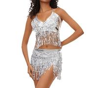 Women's Crop Top Style Tank Top with Silver Sequins and Bright Fringes, Breathable Adjustable for Carnival Belly Dance & Evening Parties, Sensual Modern Style, Silver, One Size