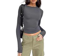 Womens Crop Tops Long Sleeve Skin Tight Fitting Crew Neck T-Shirt Stretch Slim Fit Basic Tops Y2K Aesthetic Clothes Going Out Tops (A 01- Darkgrey, S)