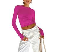 Womens Crop Tops Long Sleeve Skin Tight Fitting Crew Neck T-Shirt Stretch Slim Fit Basic Tops Y2K Aesthetic Clothes Going Out Tops (B 01- Thumb Hole Pink, S)